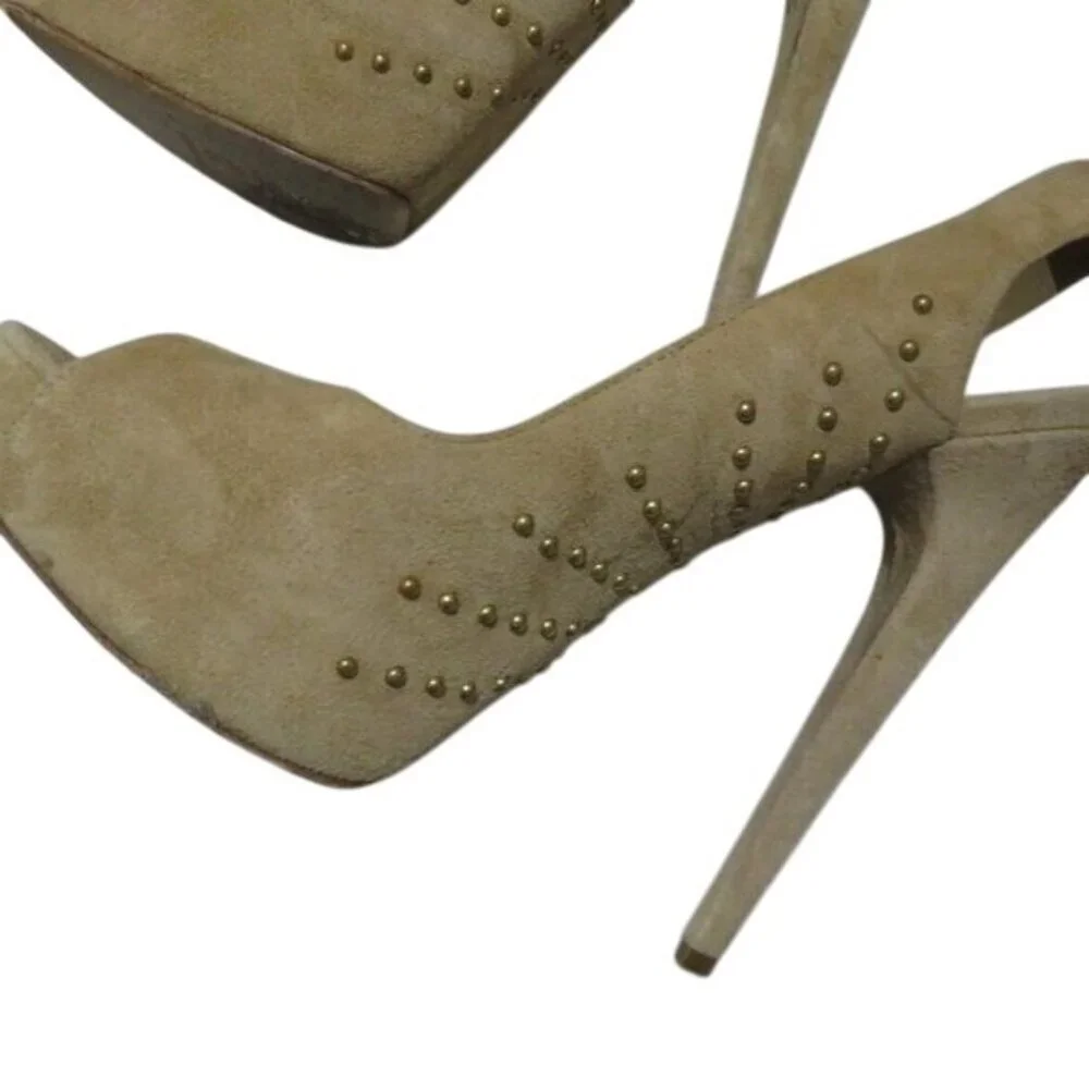 BRIAN ATWOOD Taupe Tan Suede Leather Studded Platform Slingback Peep Toe Pumps